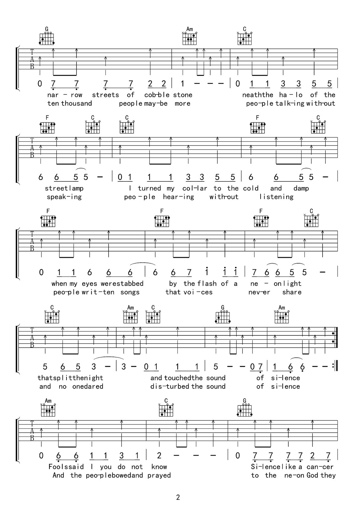 the sound of silence寂靜之聲吉他譜_保羅西蒙_C調(diào)和弦彈唱譜_高清重制版_圖譜2