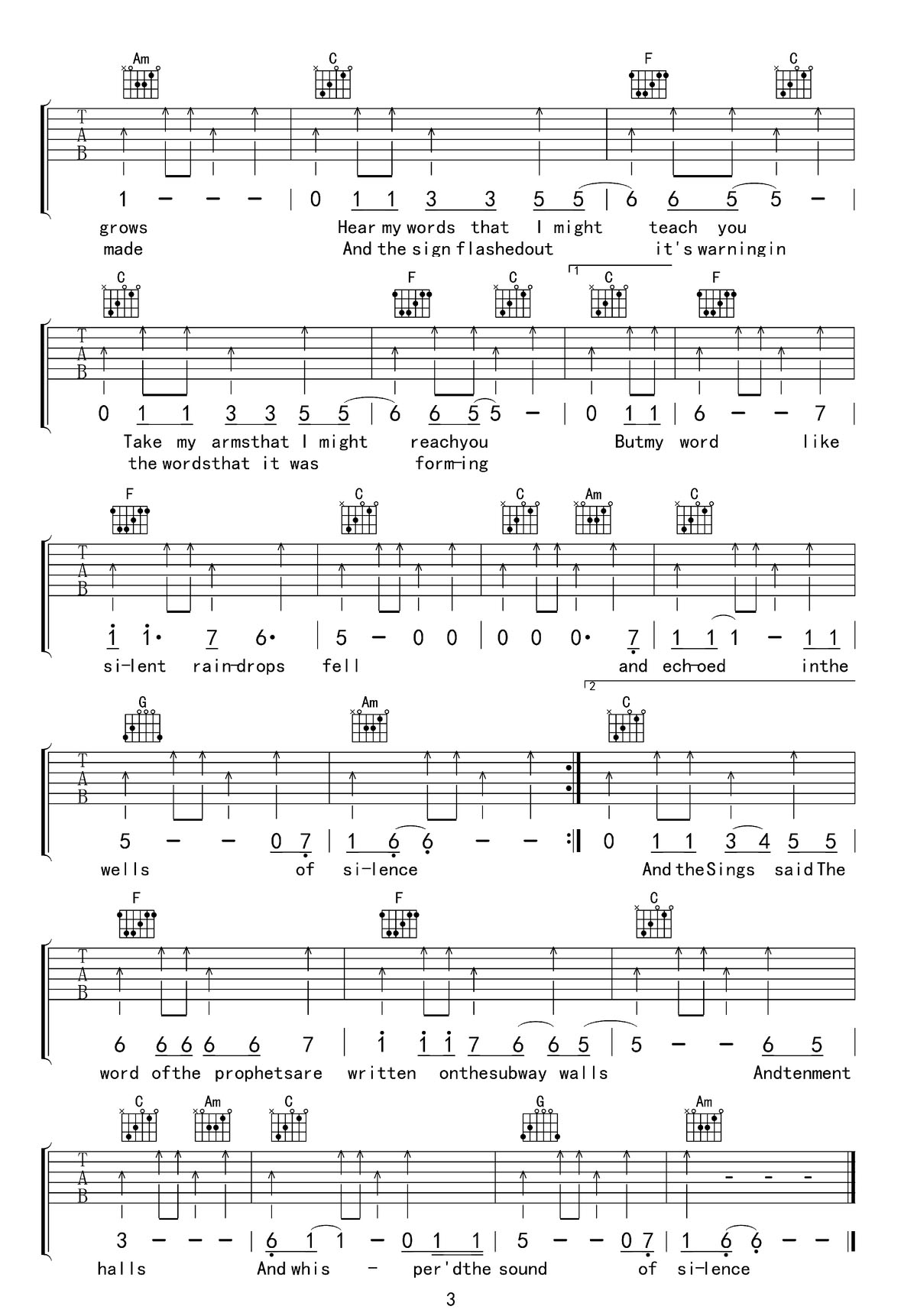 the sound of silence寂靜之聲吉他譜_保羅西蒙_C調(diào)和弦彈唱譜_高清重制版_圖譜3