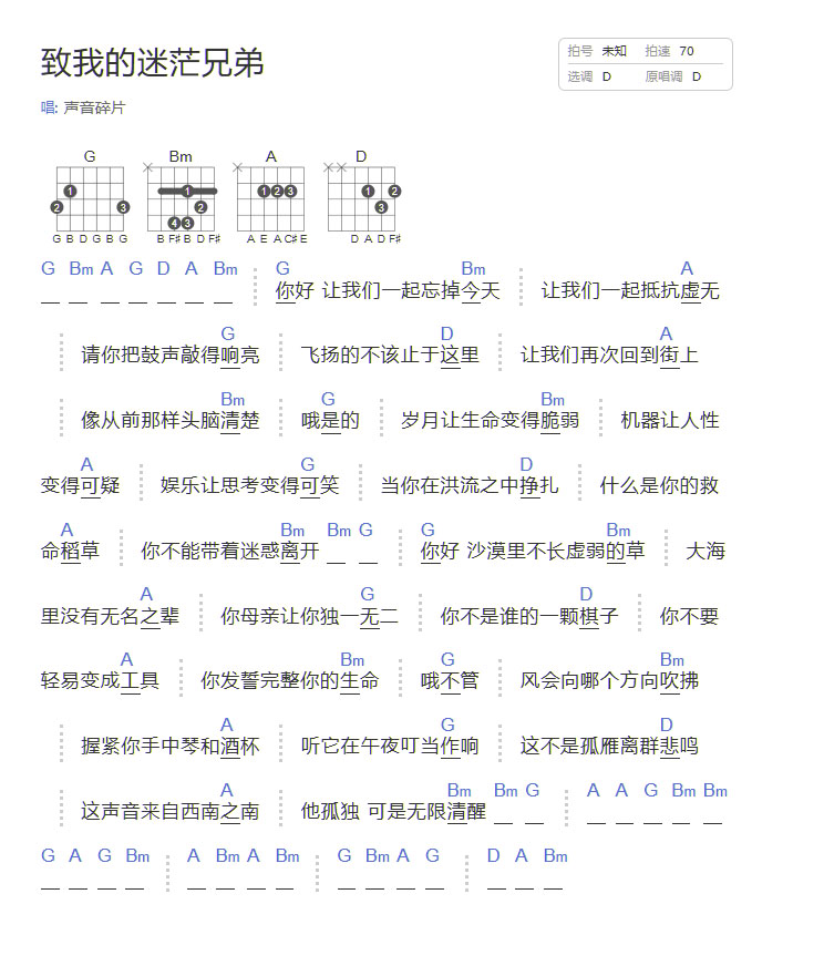 致我的迷茫兄弟吉他谱_声音碎片_D调和弦弹唱谱_重制版_图谱1