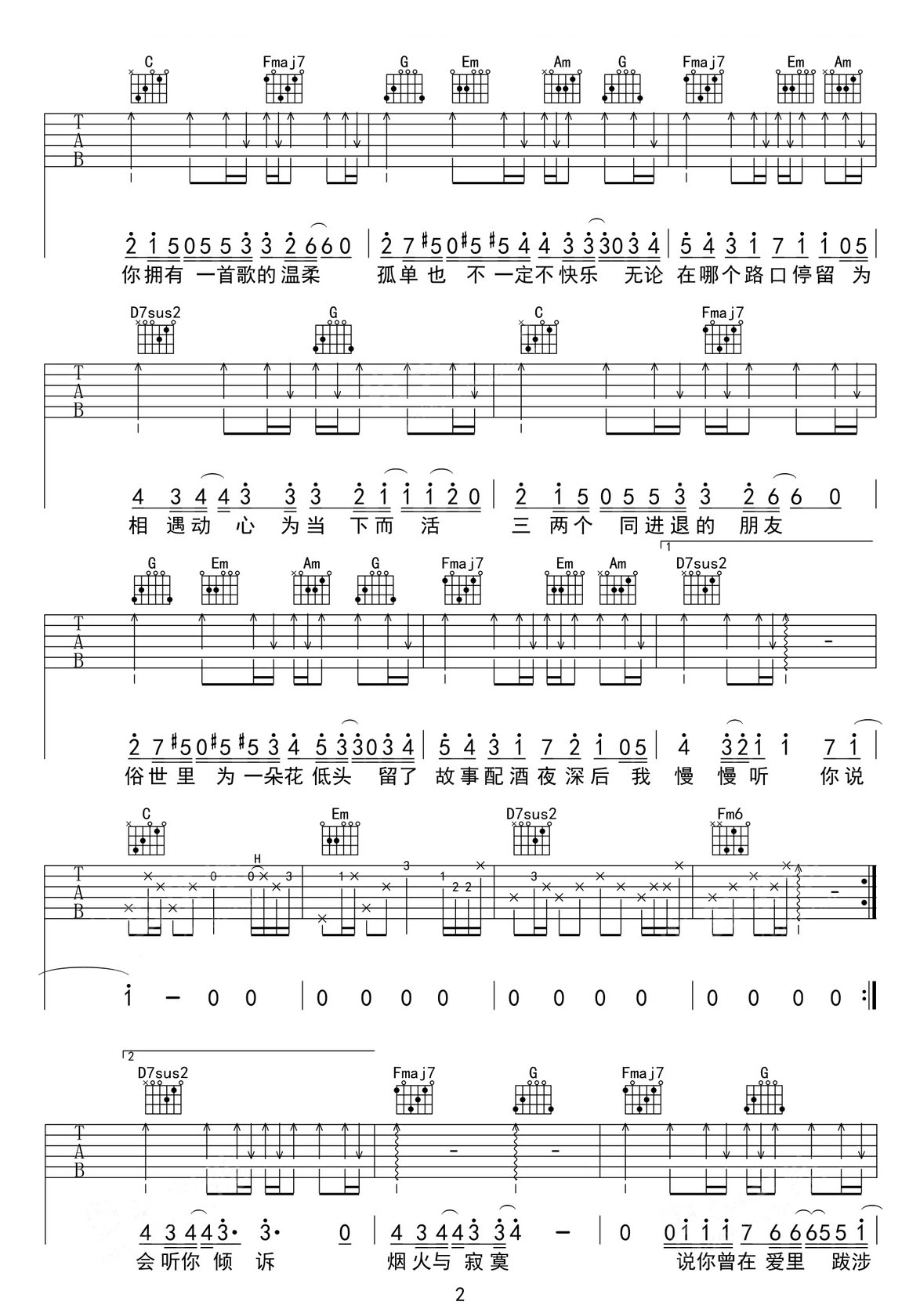云還在唱歌吉他譜_張杰_C調和弦彈唱譜_完整帶前奏_圖譜2