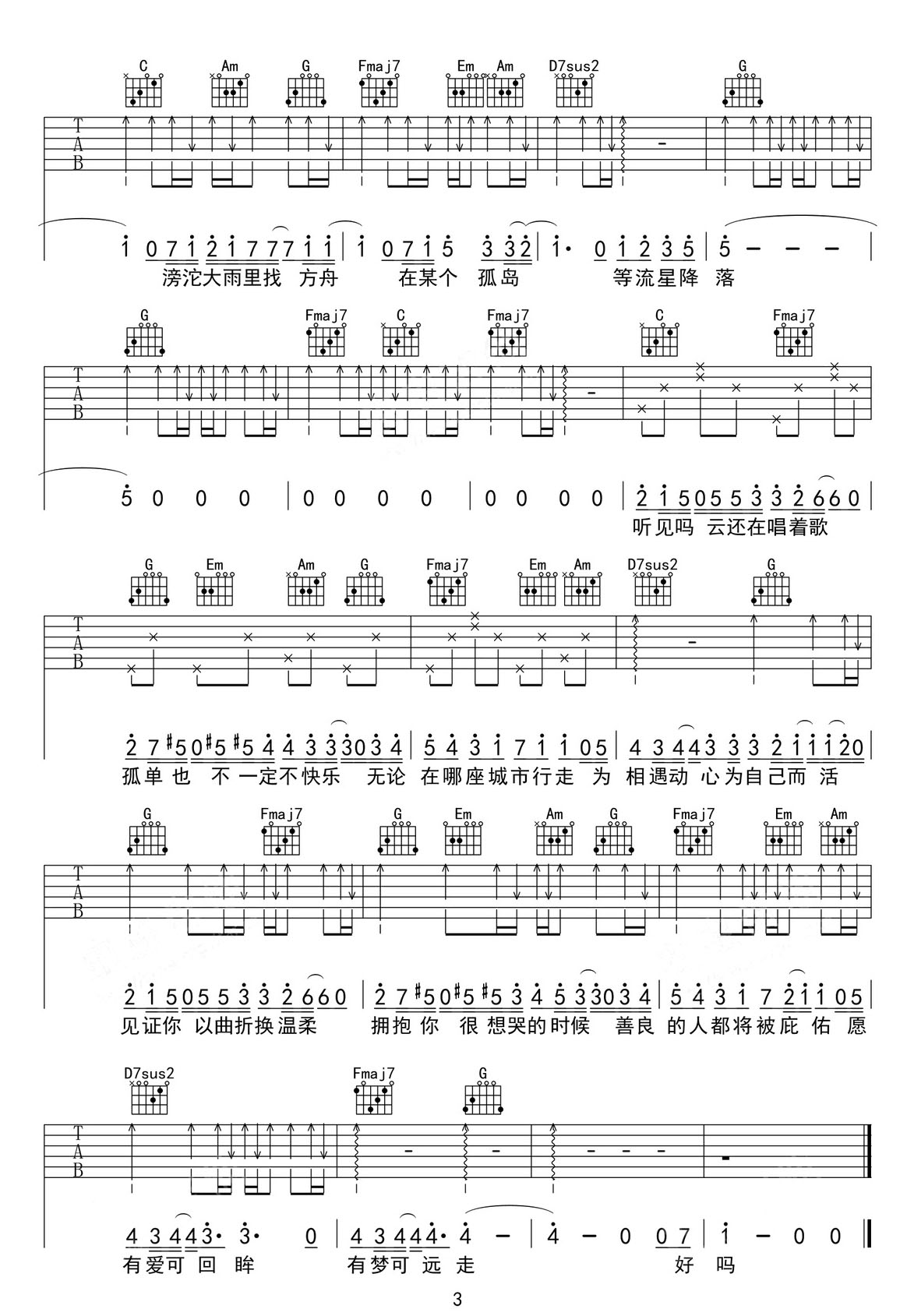 云還在唱歌吉他譜_張杰_C調和弦彈唱譜_完整帶前奏_圖譜3