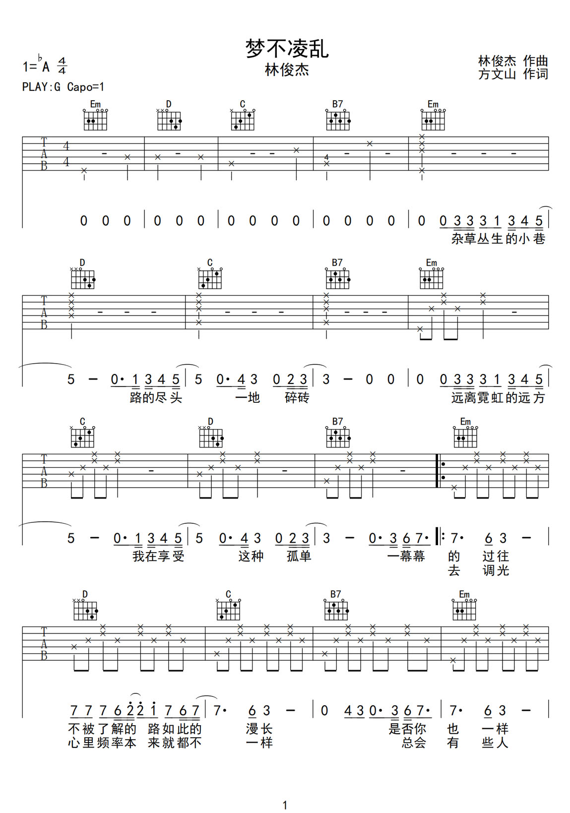 夢不凌亂吉他譜_林俊杰_G調(diào)和弦彈唱譜_簡單分解版_圖譜1