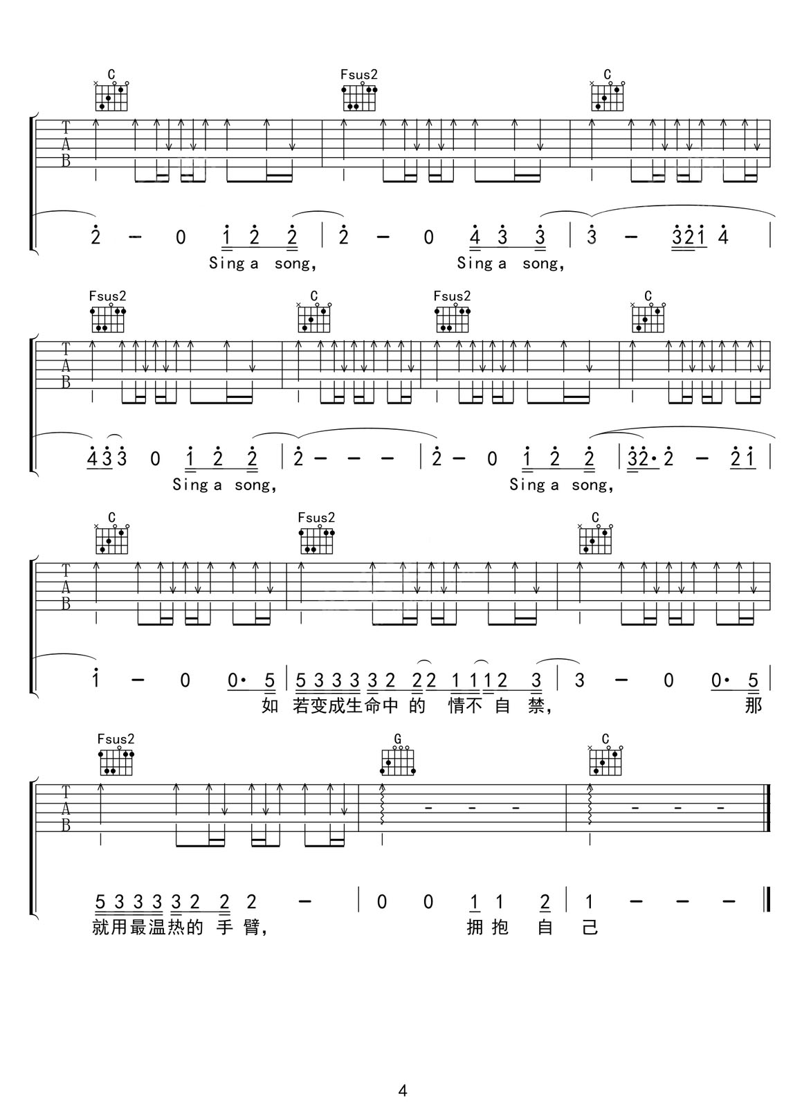 自己吉他譜_許鈞_C調(diào)和弦彈唱譜_掃弦版_圖譜4