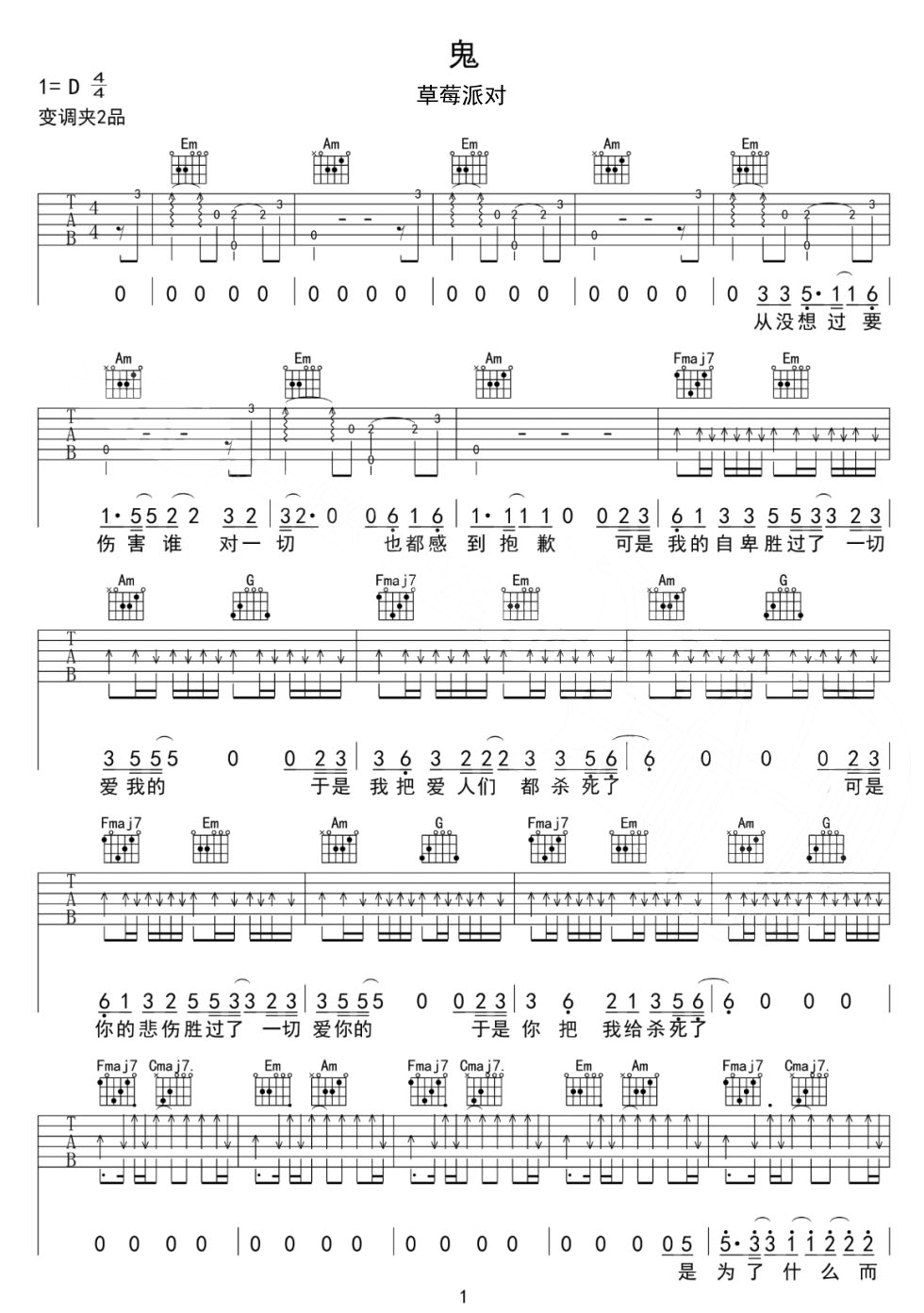 鬼吉他譜_草東沒(méi)有派對(duì)_C調(diào)和弦彈唱譜_帶前奏_圖譜1