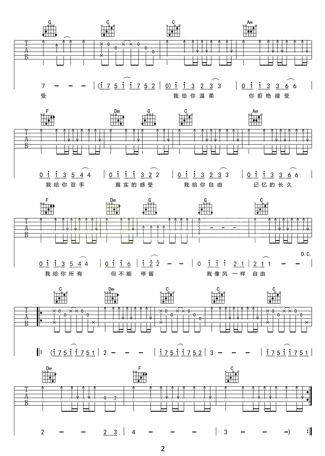 像風一樣自由吉他譜_許巍_C調(diào)和弦彈唱譜_簡單版_圖譜2