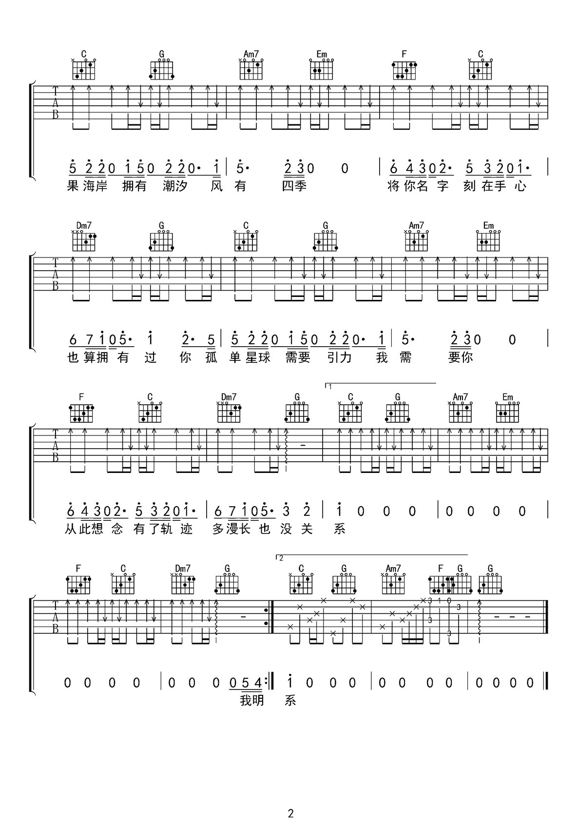 不具名海岸吉他譜_劉人語(yǔ)_C調(diào)和弦彈唱譜_完美帶前奏_圖譜2