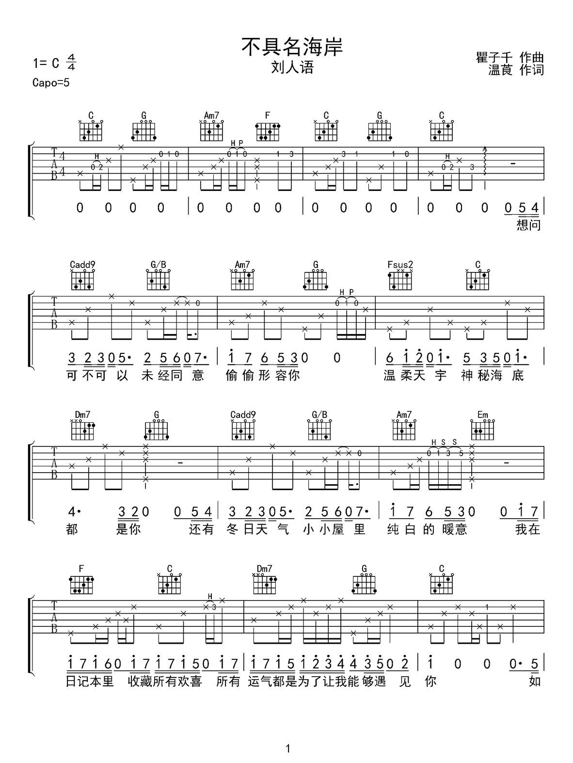 不具名海岸吉他譜_劉人語(yǔ)_C調(diào)和弦彈唱譜_完美帶前奏_圖譜1