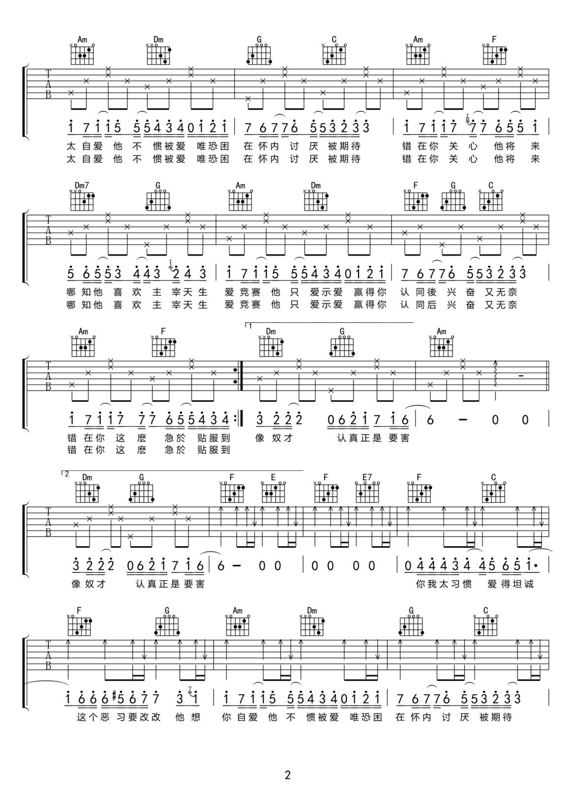 他不慣被愛吉他譜_衛(wèi)蘭_C調(diào)和弦彈唱譜_老歌新編_圖譜2