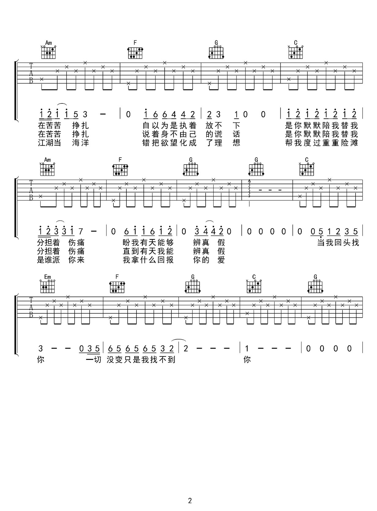 我唯有的你吉他譜_李健_C調和弦彈唱譜_簡單版_圖譜2