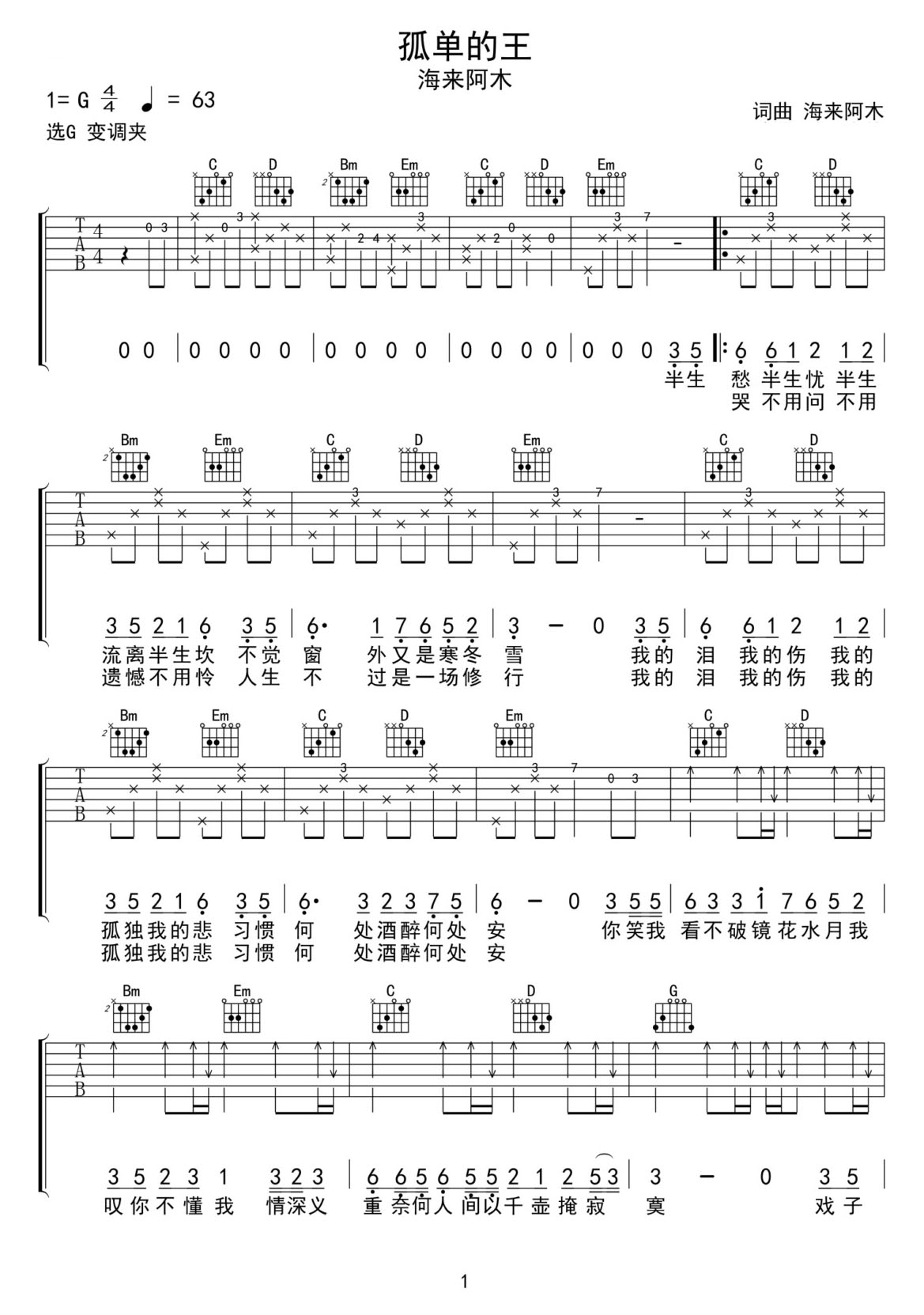 孤單的王吉他譜_海來阿木_G調(diào)和弦彈唱譜_完整版_圖譜1