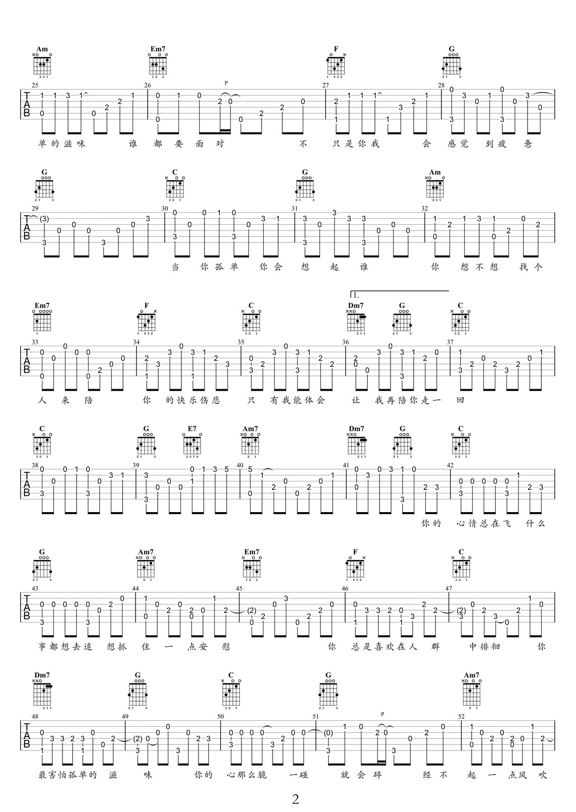 當你孤單你會想起誰吉他譜_張棟梁_C調指彈/獨奏譜_老歌新編_圖譜2
