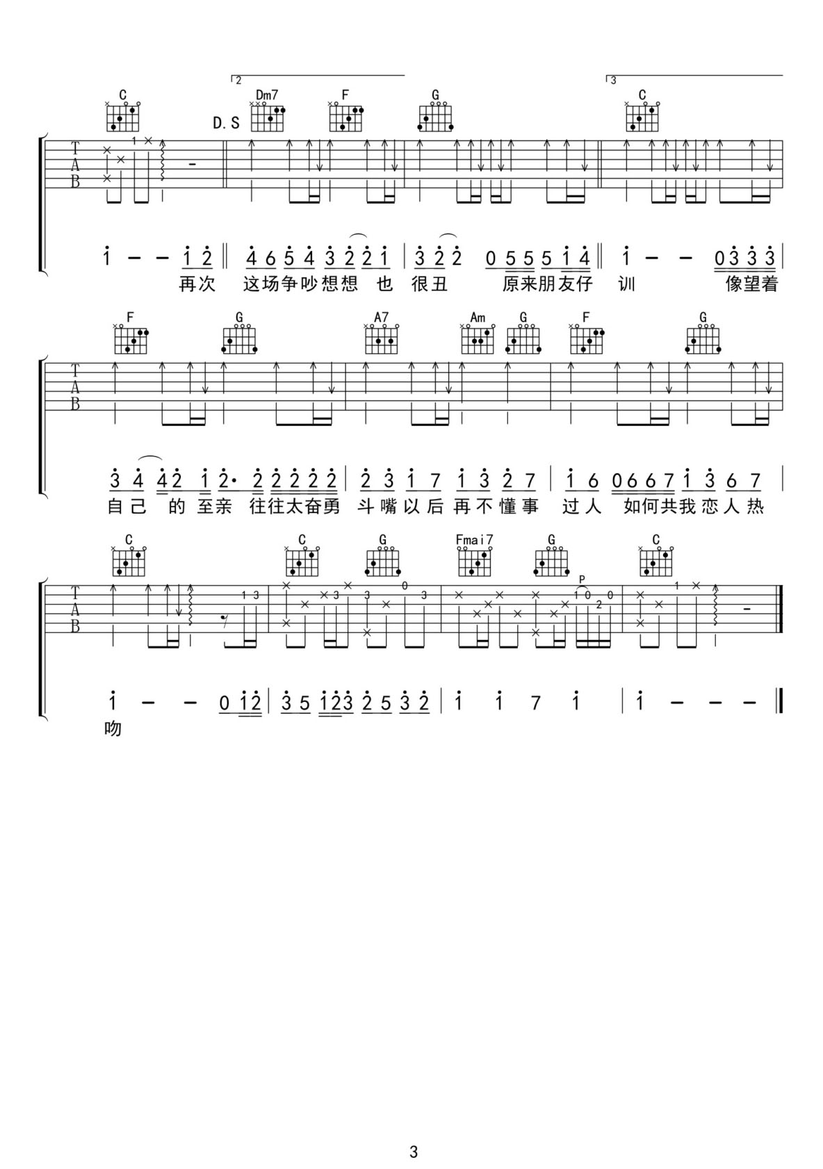 朋友仔吉他譜_Twins_C調(diào)和弦彈唱譜_完整帶前奏_圖譜3