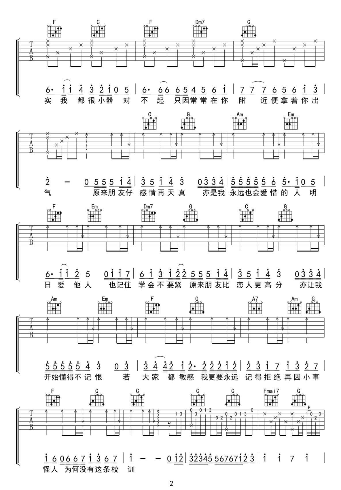 朋友仔吉他譜_Twins_C調(diào)和弦彈唱譜_完整帶前奏_圖譜2