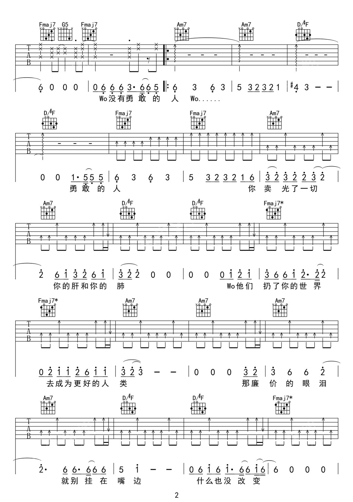 勇敢的人吉他譜_草東沒有派對_C調和弦彈唱譜_高清重制版_圖譜2