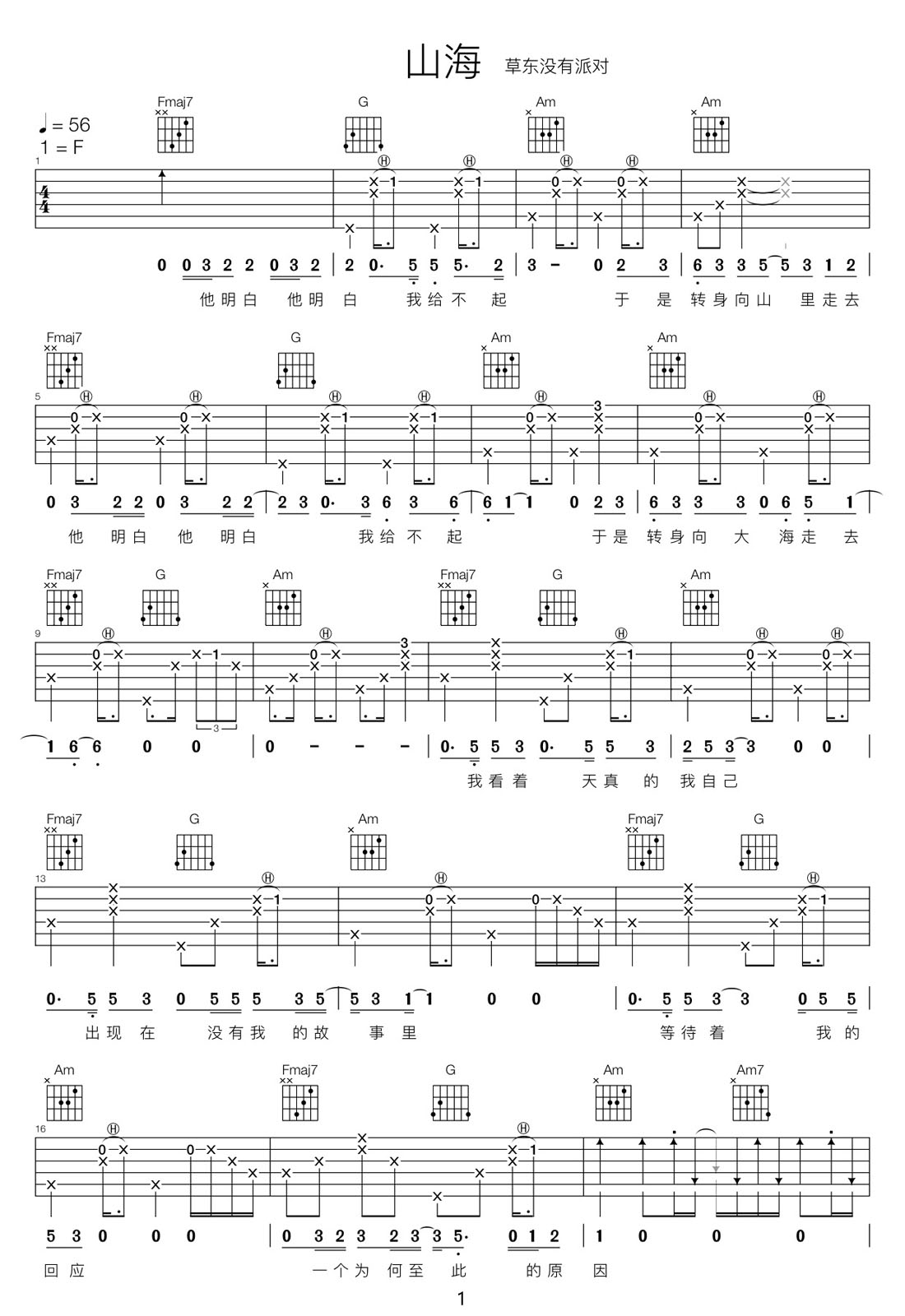 山海吉他譜_草東沒有派對_C調(diào)和弦彈唱譜_新改編_圖譜1