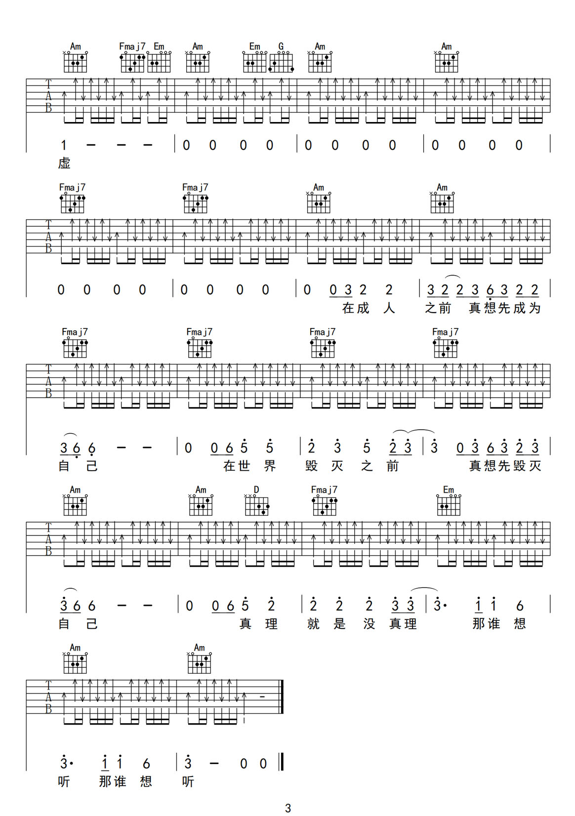 空吉他譜_草東沒有派對_C調(diào)和弦彈唱譜_掃弦版_圖譜3