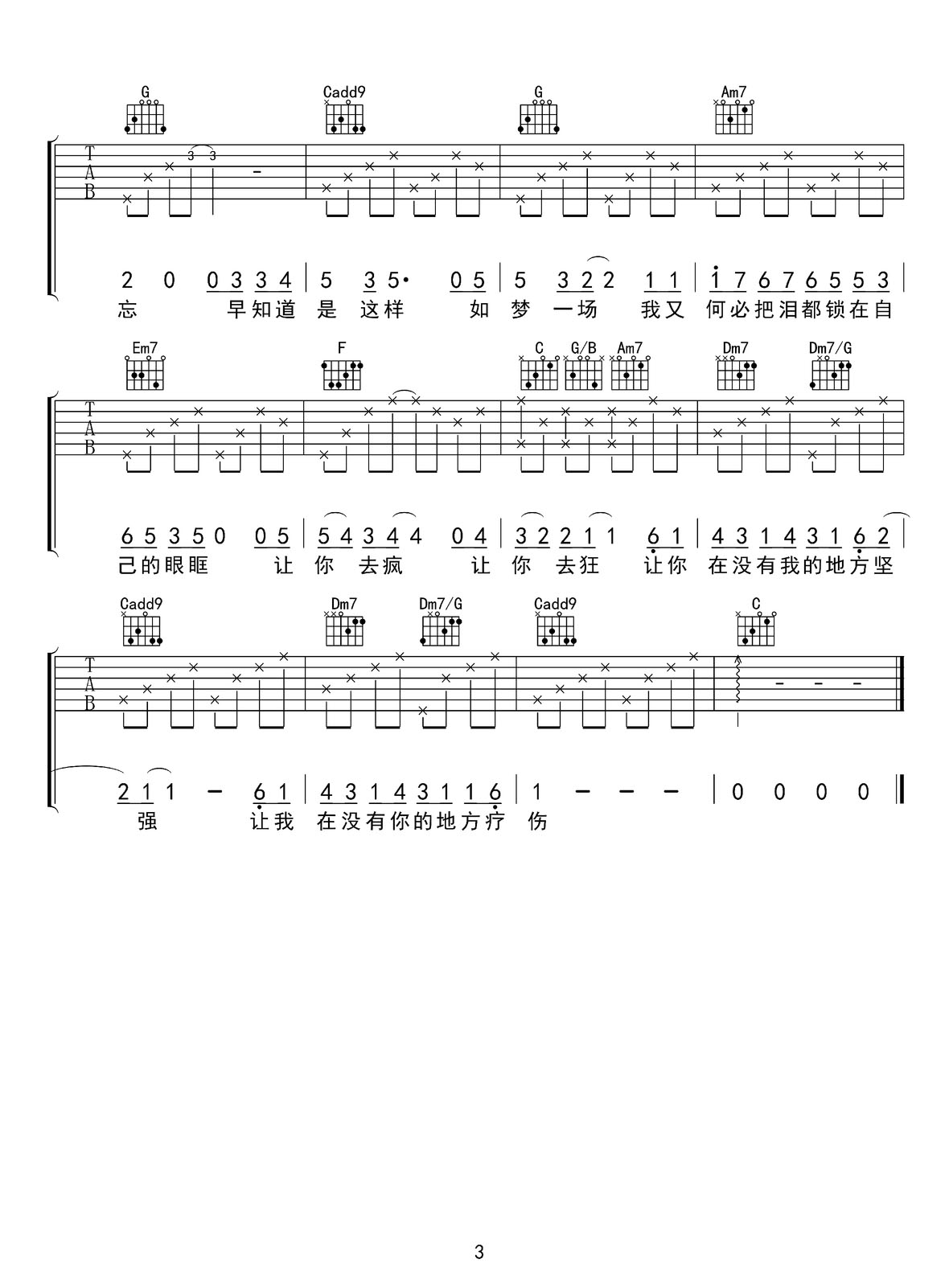 夢一場吉他譜_那英_C調(diào)和弦彈唱譜_原版_圖譜3