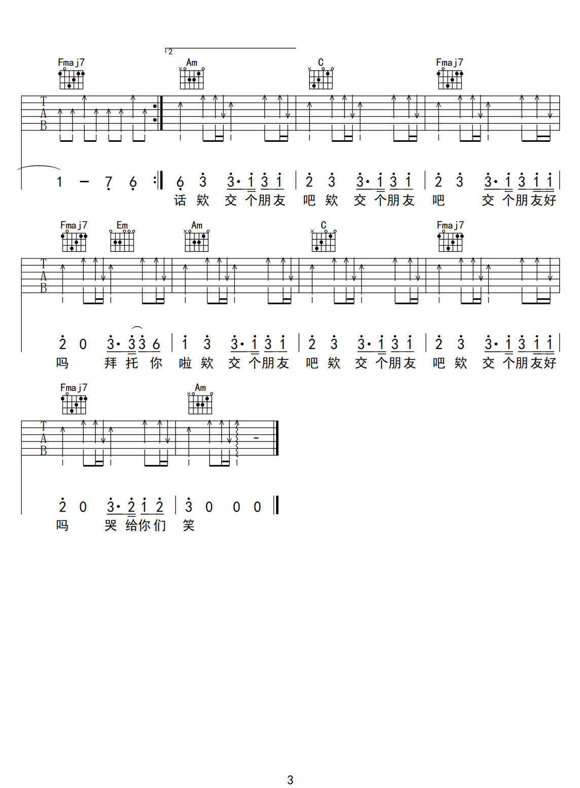 八吉他譜_草東沒有派對_C調(diào)和弦彈唱譜_高清重置版_圖譜3