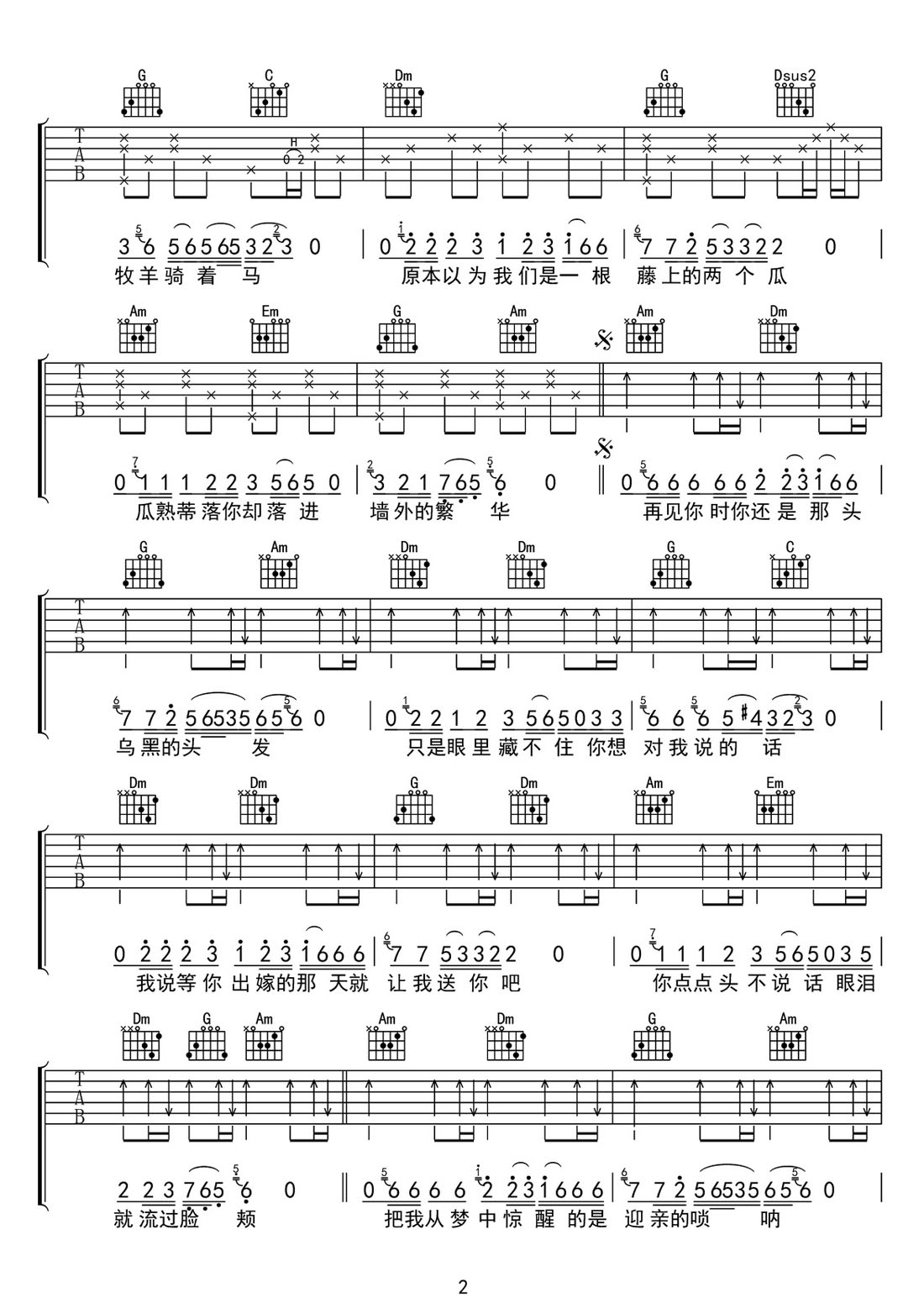 送親吉他譜_王琪_G調和弦彈唱譜_高清帶前奏_圖譜2