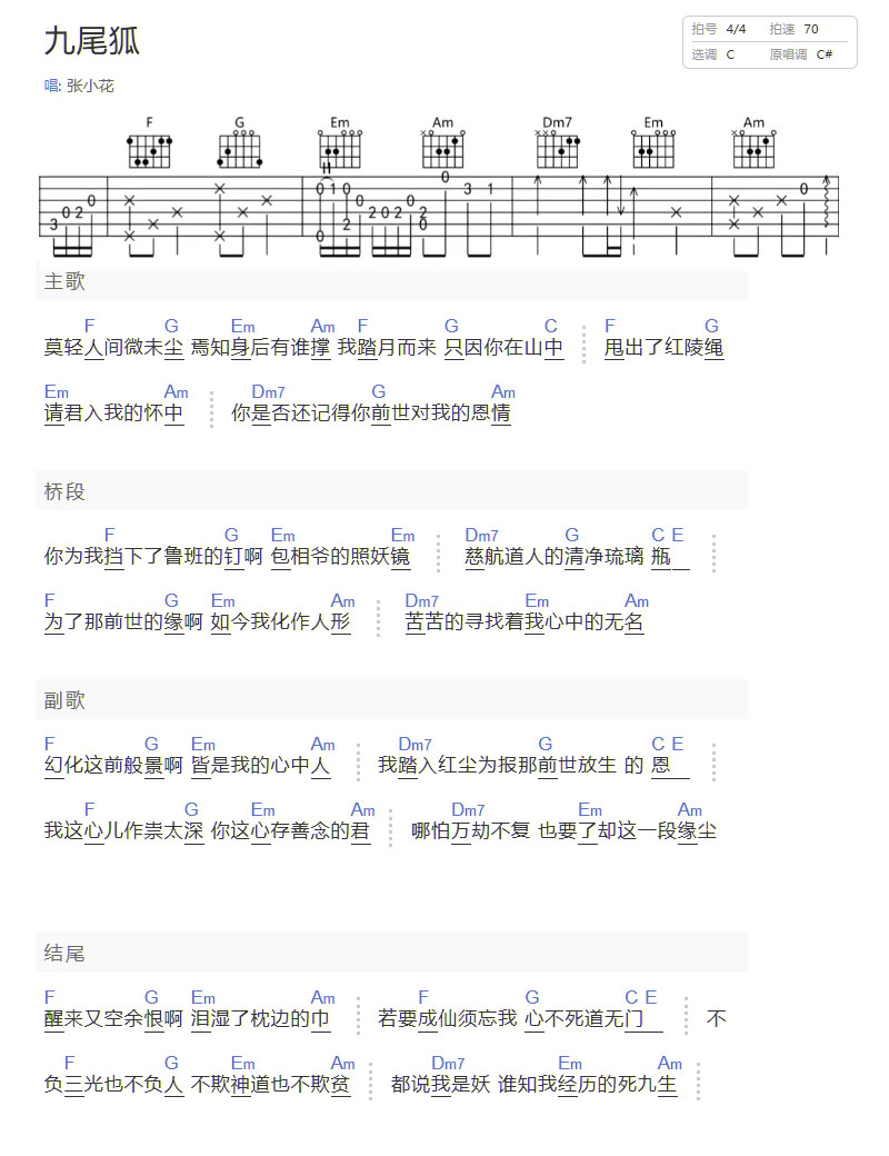 九尾狐吉他譜_張小花_C調(diào)和弦彈唱譜_簡(jiǎn)易和弦版_圖譜1