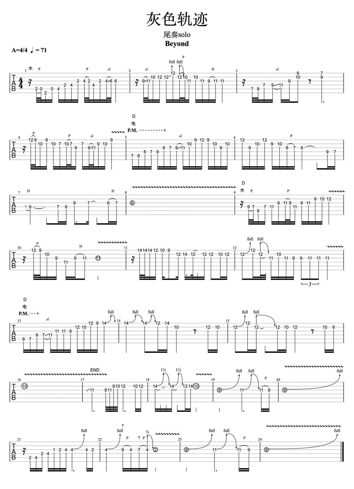 灰色軌跡尾奏Solo吉他譜_Beyond_A調指彈/獨奏譜_原版雙吉他_圖譜1