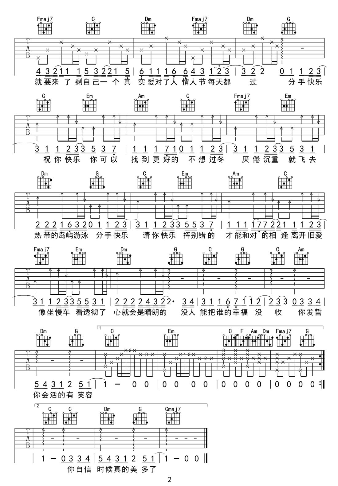 分手快樂(lè)吉他譜_梁靜茹_C調(diào)和弦彈唱譜_高清高還原_圖譜2
