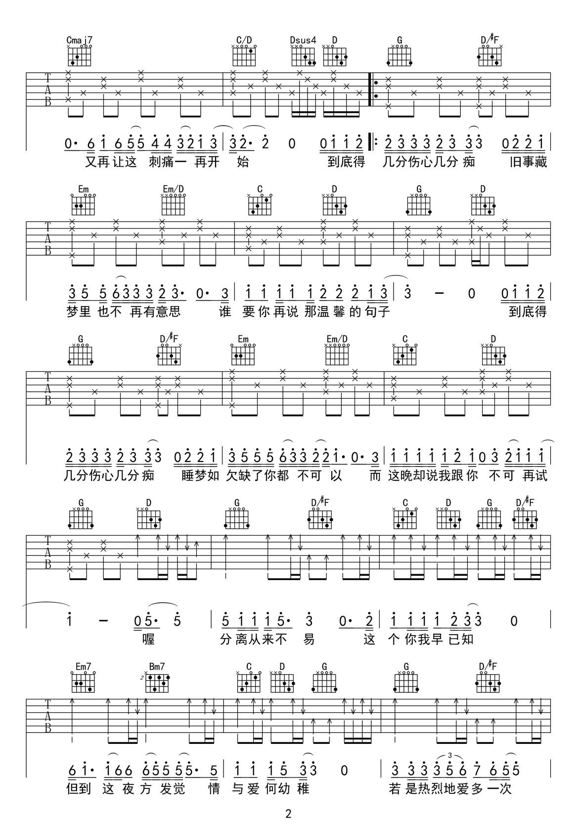 幾分傷心幾分癡吉他譜_王杰_G調(diào)和弦彈唱譜_粵語高清_圖譜2