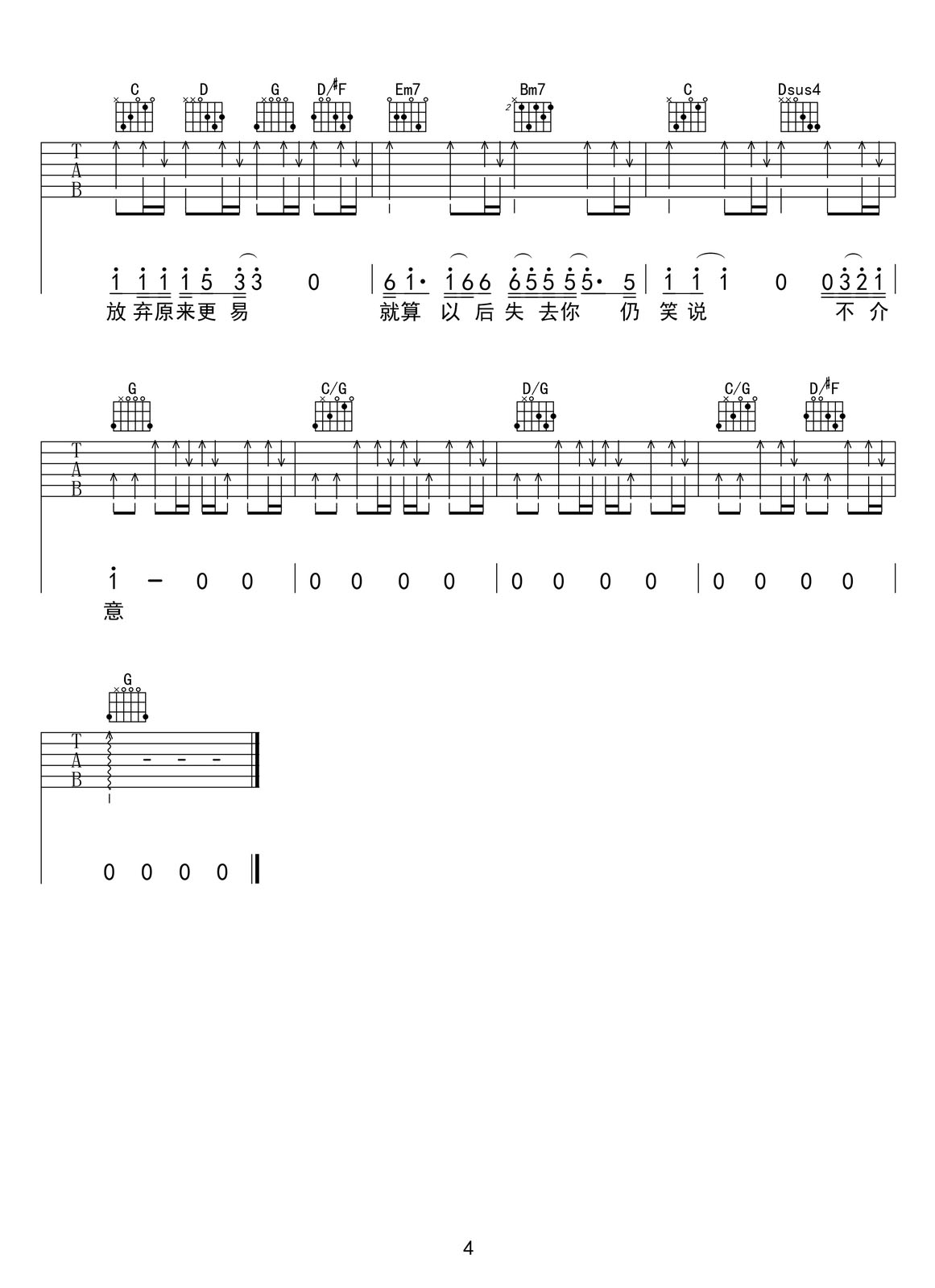 幾分傷心幾分癡吉他譜_王杰_G調(diào)和弦彈唱譜_粵語高清_圖譜4