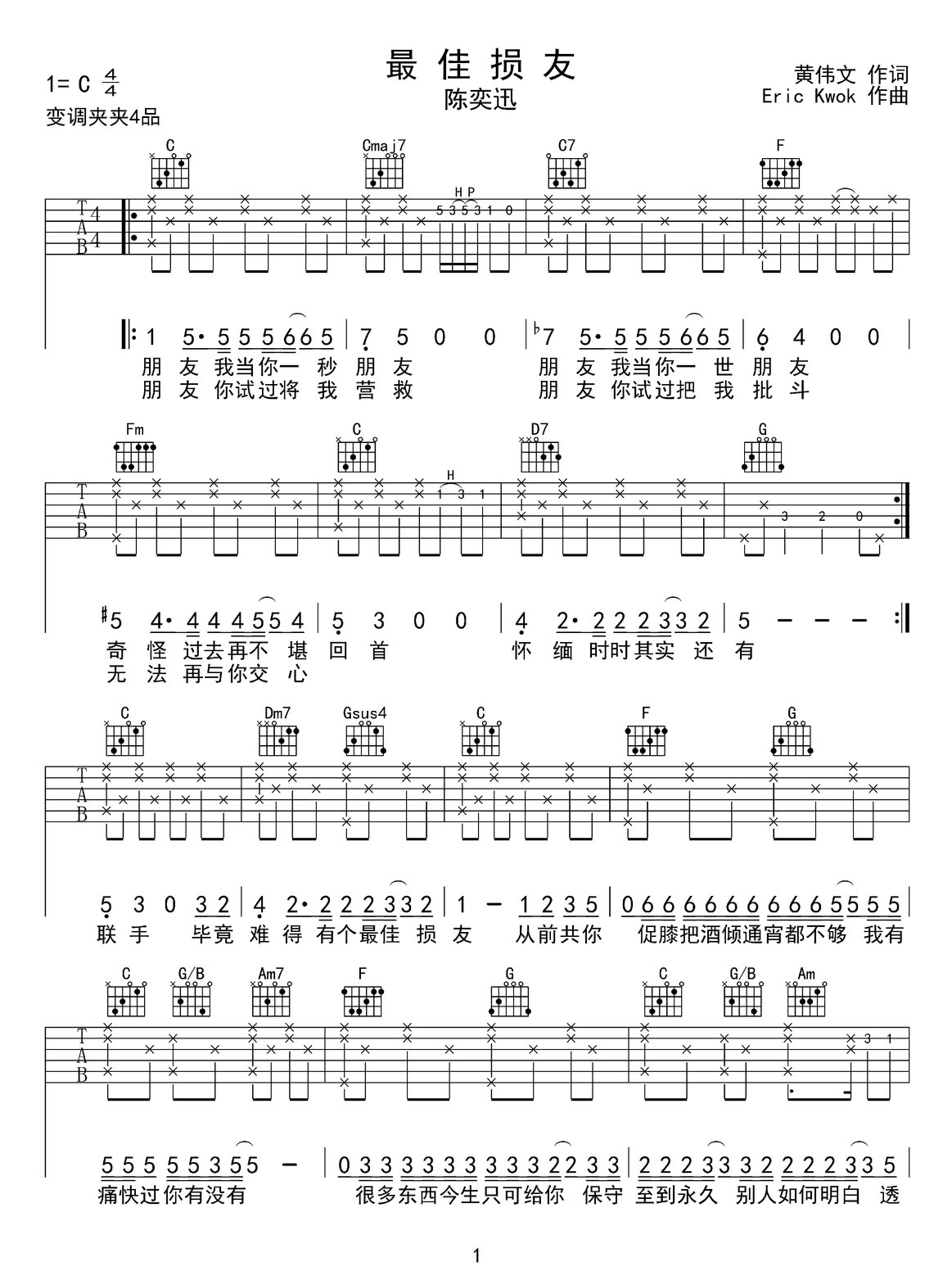 最佳損友吉他譜_陳奕迅_C調(diào)和弦彈唱譜_完美版_圖譜1