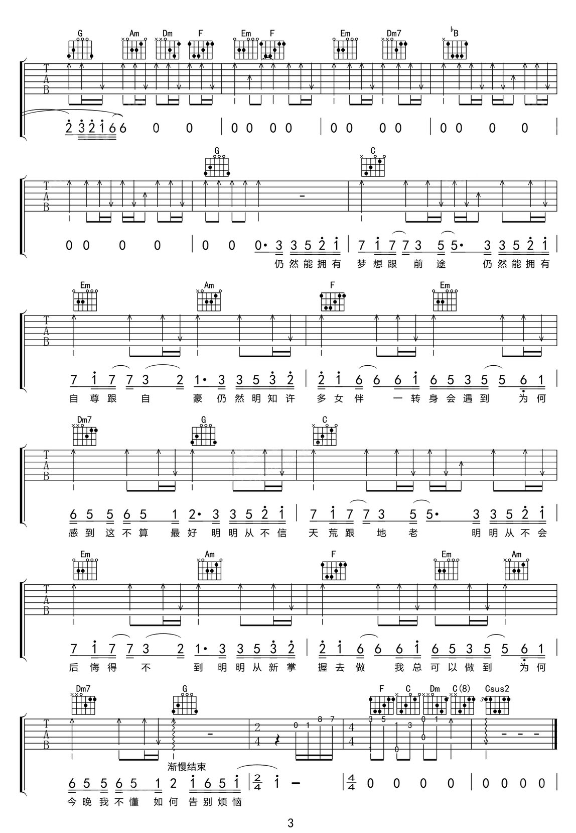 寂寞的男人吉他譜_張學(xué)友_C調(diào)和弦彈唱譜_高清完美版_圖譜3