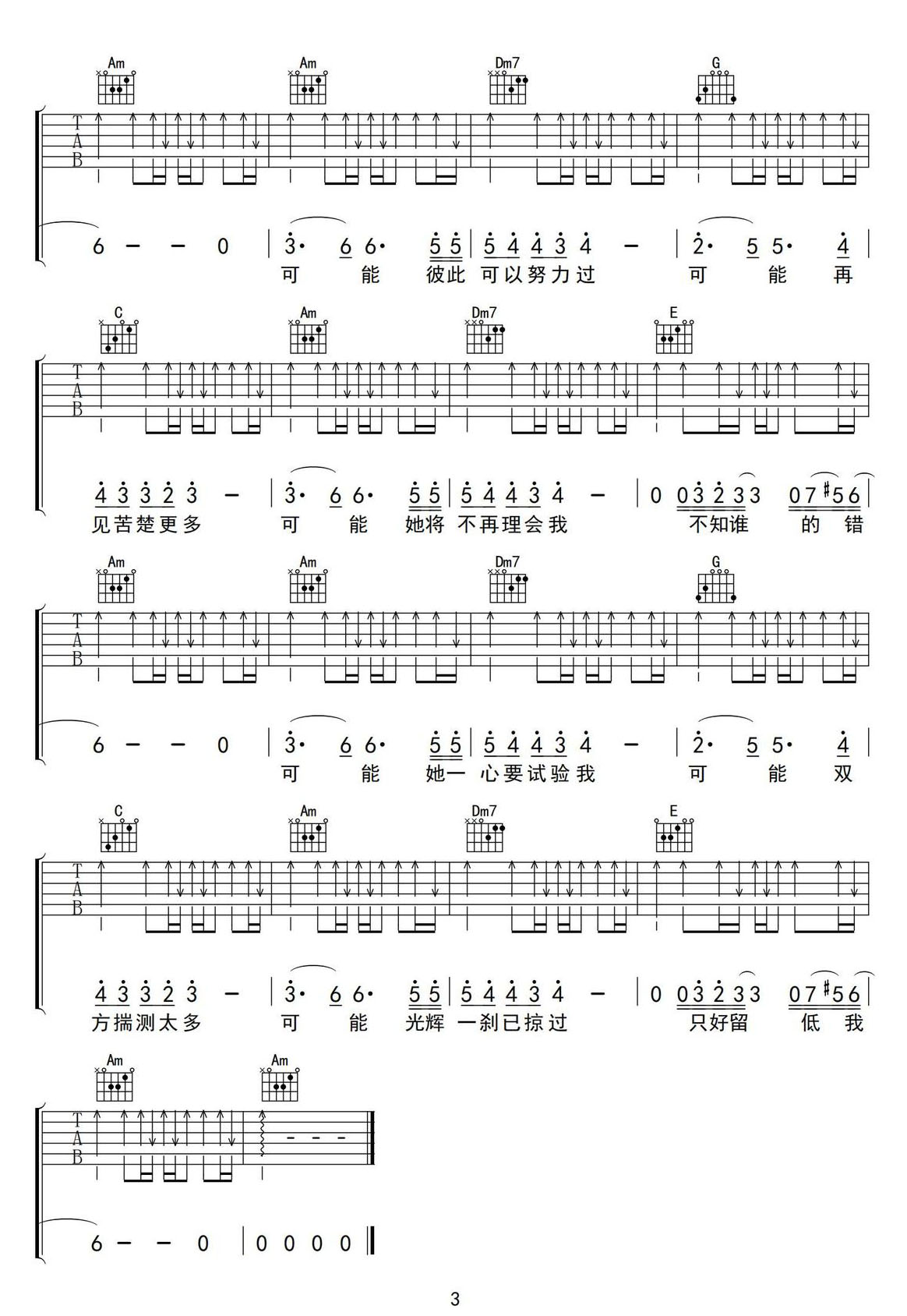 可能吉他譜_王杰_C調(diào)和弦彈唱譜_原版改編_圖譜3