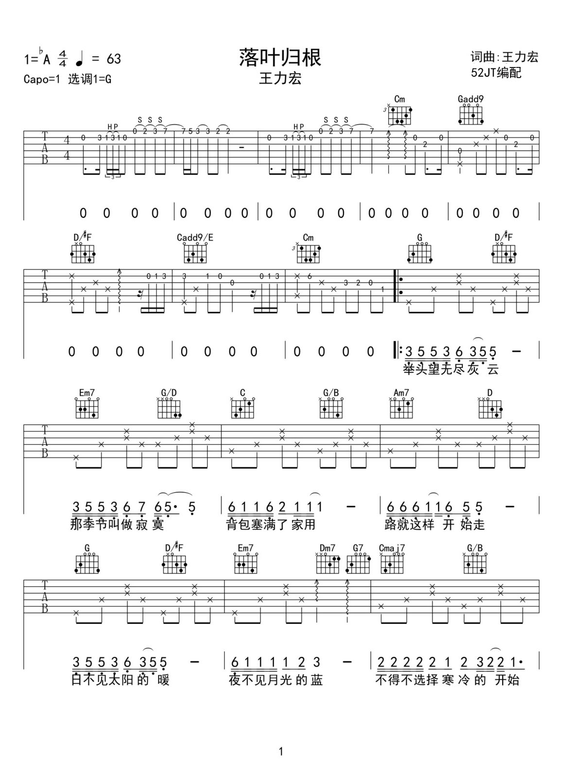 落葉歸根吉他譜_王力宏_G調(diào)和弦彈唱譜_完美版帶前奏_圖譜1
