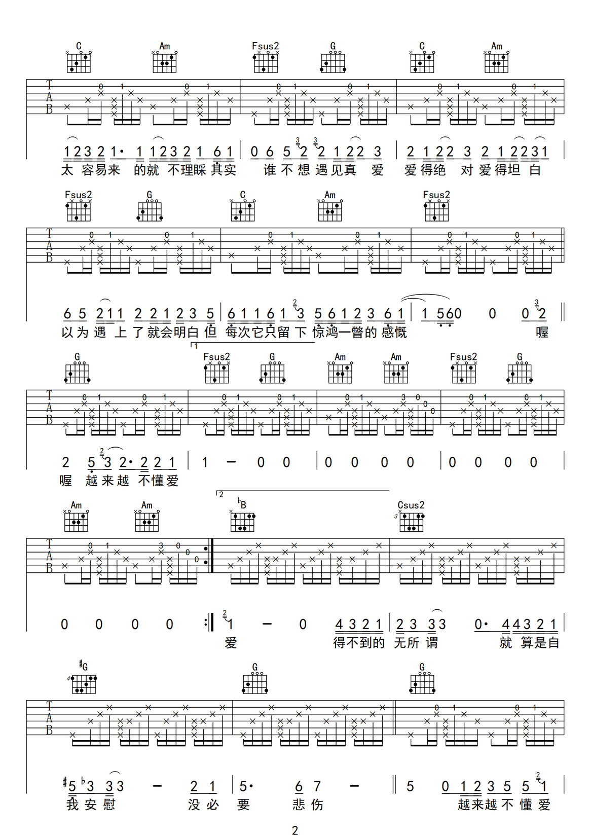 越來越不懂吉他譜_蔡健雅_C調(diào)和弦彈唱譜_圖譜2
