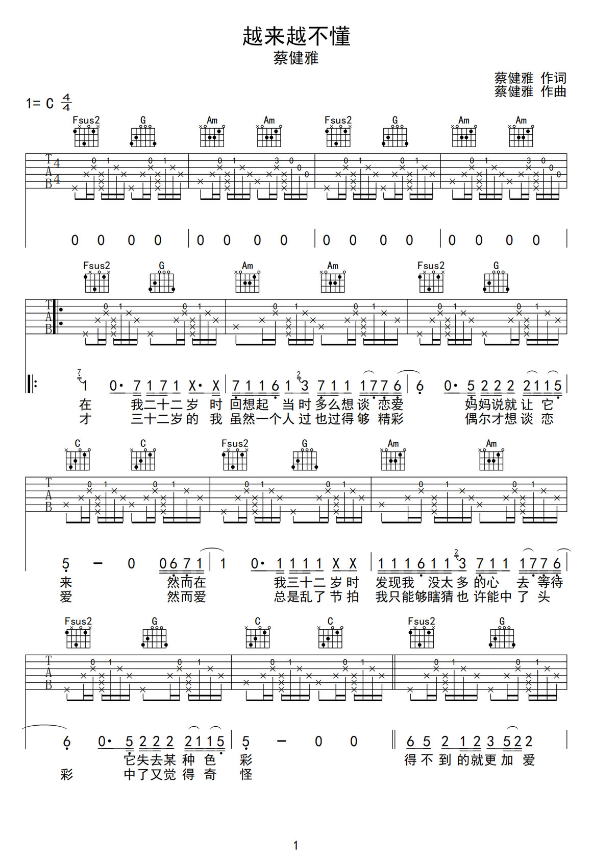 越來越不懂吉他譜_蔡健雅_C調(diào)和弦彈唱譜_圖譜1