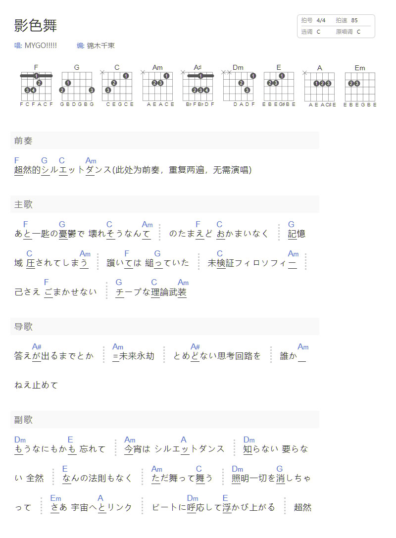 影色舞吉他譜_MYGO!!!!_C調(diào)和弦彈唱譜_簡單和弦版_圖譜1