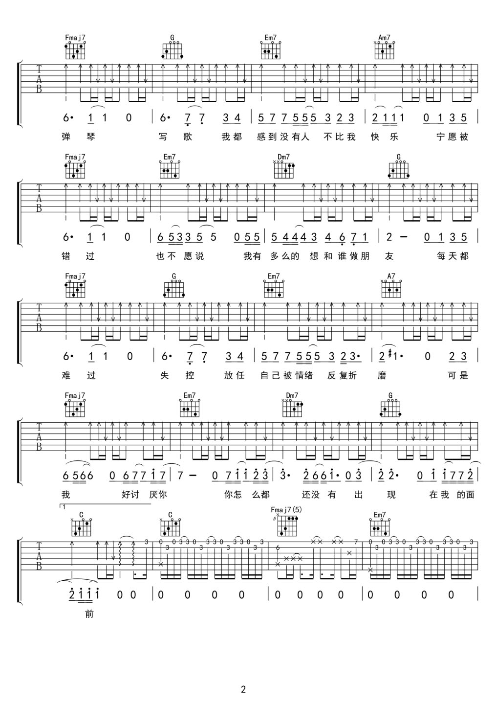 沒有人不比我快樂吉他譜_Fine樂團_C調(diào)和弦彈唱譜_高清完整_圖譜2