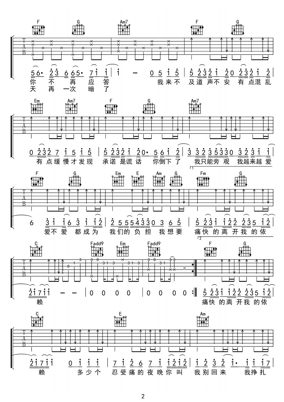 離開我的依賴吉他譜_王艷薇_C調(diào)和弦彈唱譜_完整帶前奏_圖譜2