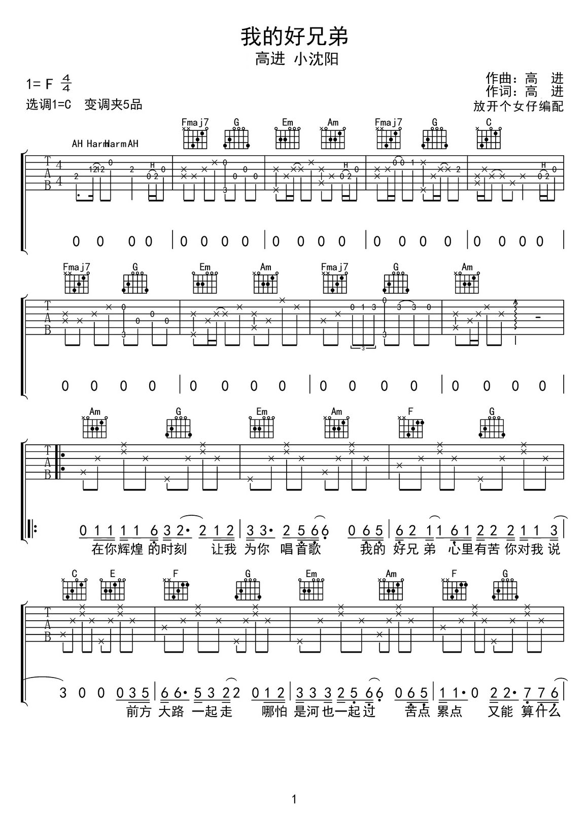 我的好兄弟吉他譜_小沈陽_C調(diào)和弦彈唱譜_高清_圖譜1