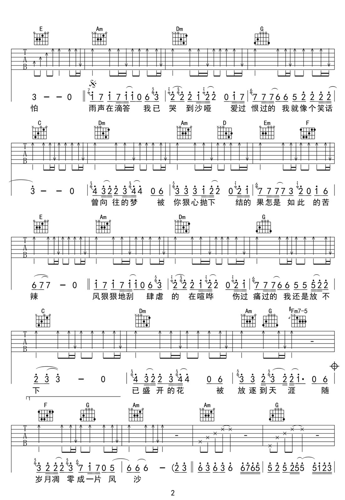 思念成沙吉他譜_王韻_C調(diào)和弦彈唱譜_高清帶前奏_圖譜2