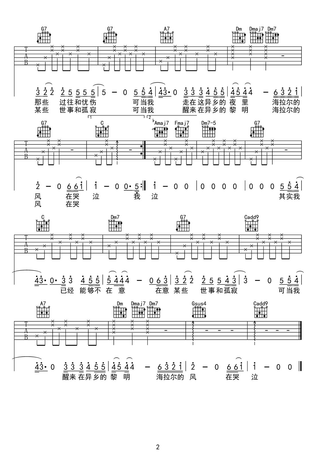 海拉爾的風吉他譜_汪峰_C調和弦彈唱譜_完美帶前奏_圖譜2