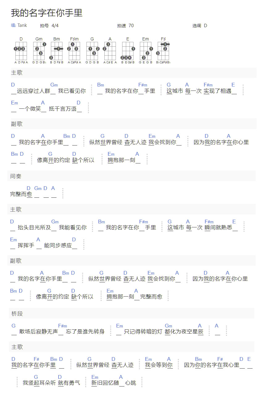 我的名字在你手里吉他譜_Tank_D調(diào)和弦彈唱譜_簡單和弦版_圖譜1