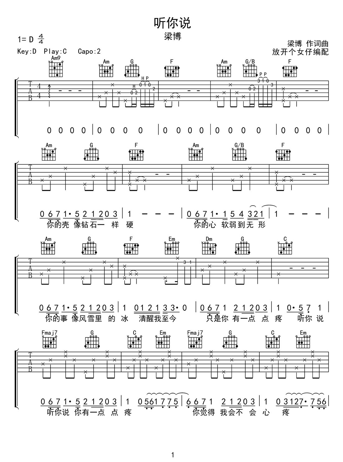 聽你說吉他譜_梁博_C調(diào)和弦彈唱譜_高清帶前奏_圖譜1