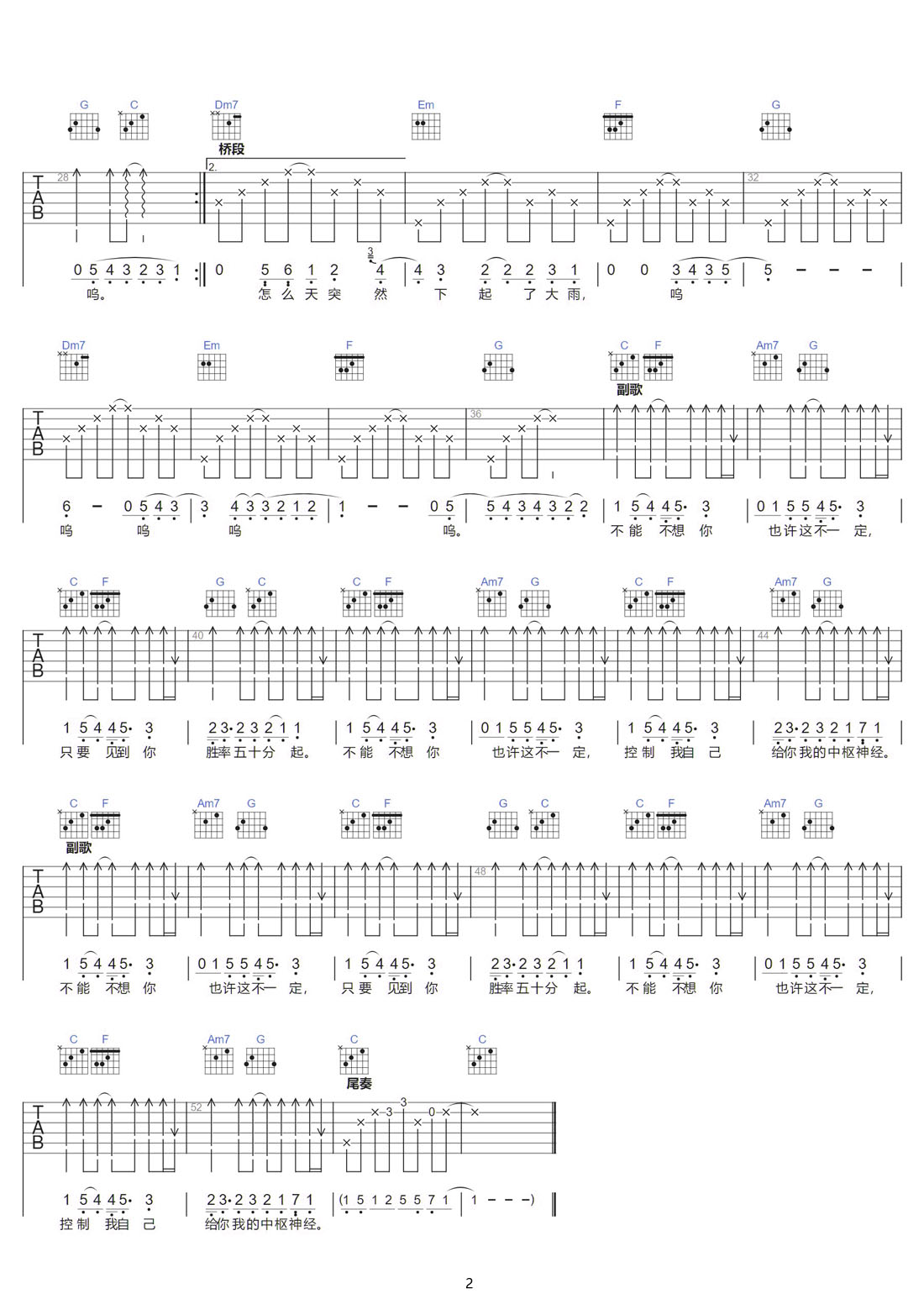 不能不想你吉他譜_蔣敦豪_C調(diào)和弦彈唱譜_完整版_圖譜2
