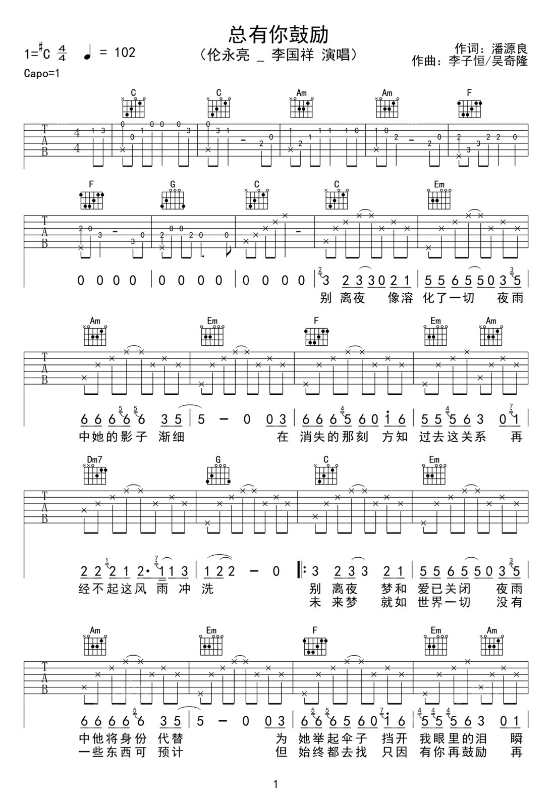 總有你鼓勵吉他譜_李國祥_C調(diào)和弦彈唱譜_完美重制版_圖譜1