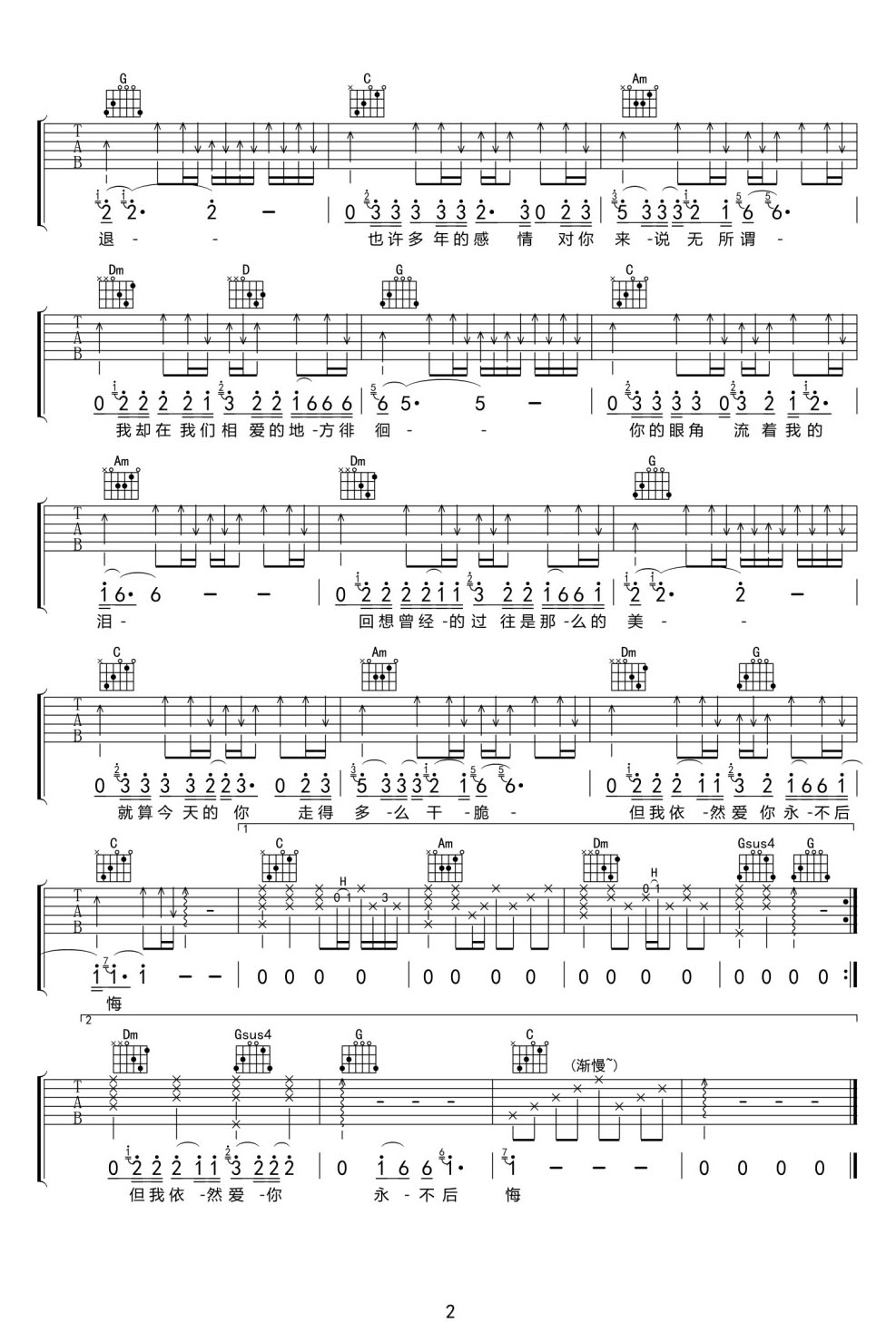 你的眼角流著我的淚吉他譜_曹越_C調(diào)和弦彈唱譜_高清完整_圖譜2