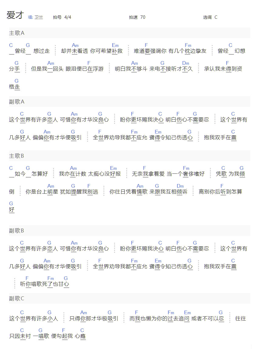 愛才吉他譜_衛蘭_C調和弦彈唱譜_簡單和弦版_圖譜1