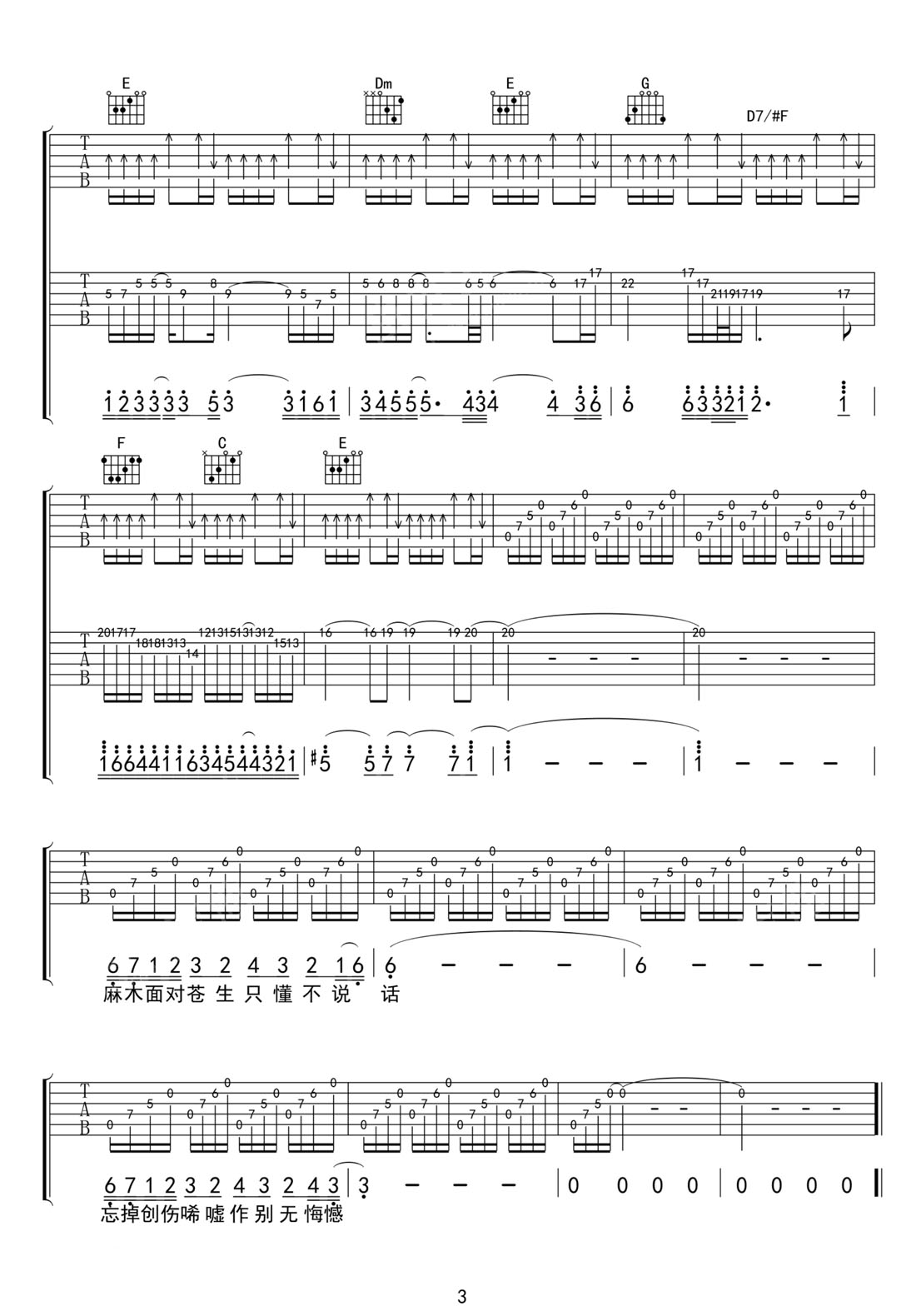 無語問蒼天吉他譜_Beyond_C調(diào)和弦彈唱譜_高清雙吉他_圖譜3