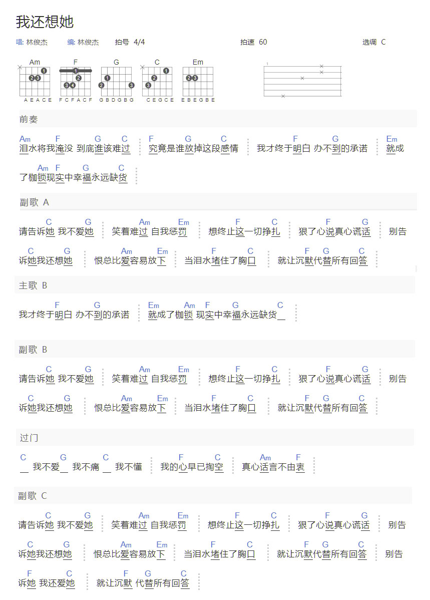 我還想她吉他譜_林俊杰_C調和弦彈唱譜_圖譜1