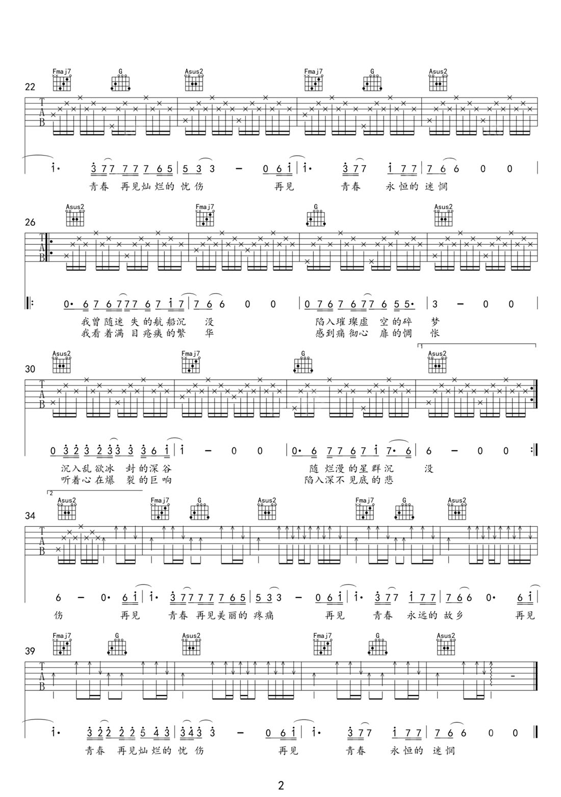 再見青春吉他譜_汪峰_C調(diào)和弦彈唱譜_高清重制版_圖譜2