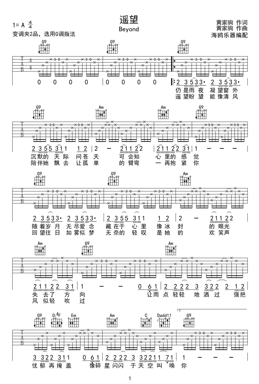 遙望吉他譜_beyond_G調(diào)和弦彈唱譜_高清完美版_圖譜1
